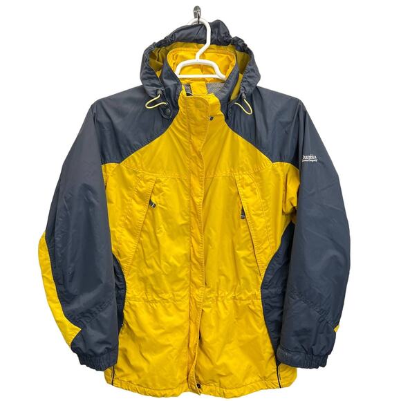 Columbia Core Interchange Jacket Yellow Gray Packable Hooded Outdoors Womens  L - Picture 1 of 12